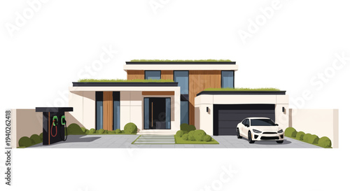 Modern House with Garage and Car.