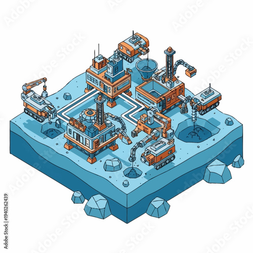 Wallpaper Mural Isometric view of a futuristic lunar mining base with various industrial structures and machinery. Torontodigital.ca