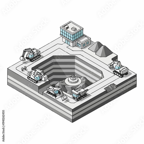 Wallpaper Mural Isometric view of a large-scale open-pit mining operation with heavy machinery and a central processing facility. Torontodigital.ca