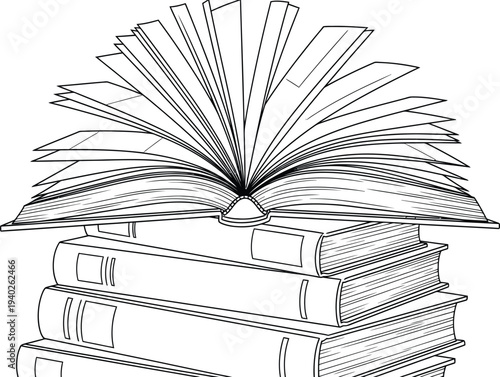 An open book on top of a stack of books in a detailed line drawing