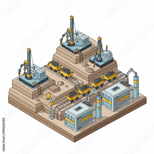 Wallpaper Mural Isometric view of a mining operation with drills and trains. Torontodigital.ca