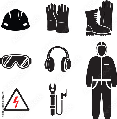 Set of 9 Black and White Personal Protective Equipment (PPE) Icons Vector for Industrial Safety and Workplace Protection
