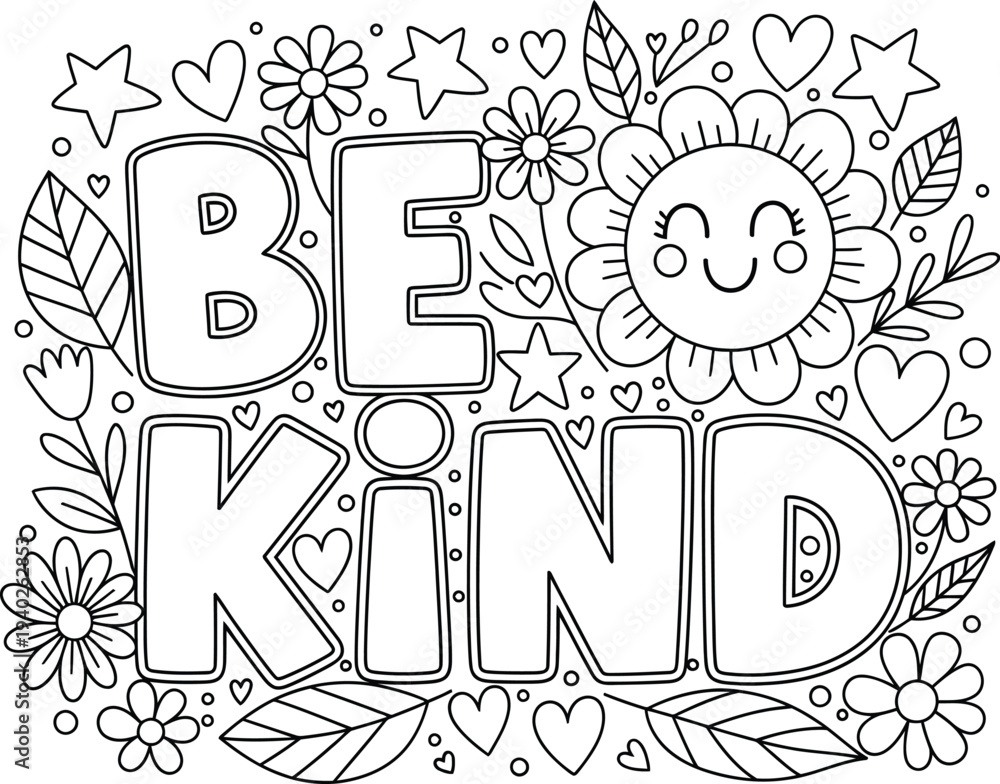Obraz premium Be kind coloring page with floral and heart designs
