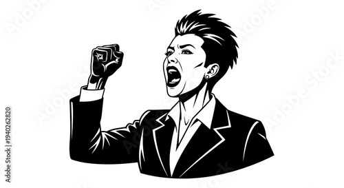 A determined businessman shouting with his fist raised in a bold gesture.