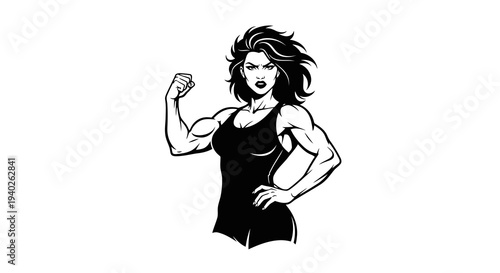 A confident woman flexing her muscles in a black leotard.