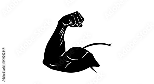A black and white graphic of a flexed arm showing muscle strength and power.