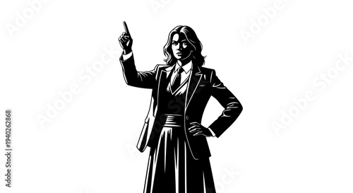 Confident businesswoman pointing upwards with a pen in hand, exuding leadership and determination.