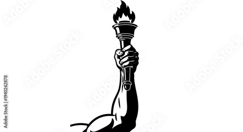 A simple black and white illustration of the statue of liberty_s arm holding a torch.