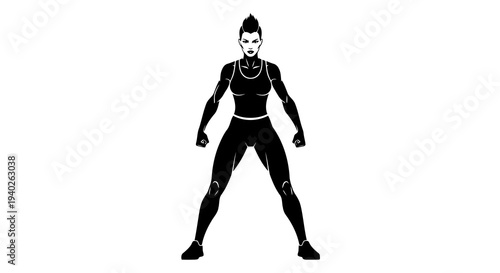A cartoon woman in a black superhero outfit stands confidently with her feet apart.