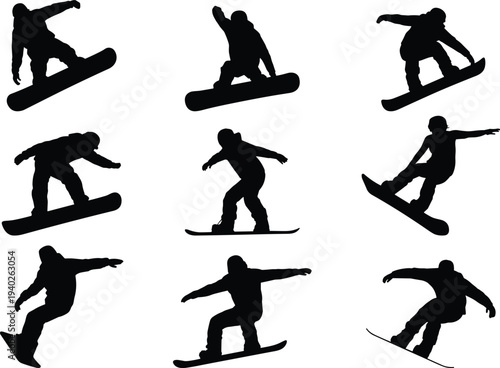 Snowboarder silhouette action poses set, winter extreme sport athlete jumping tricks collection, black snowboard icon vector isolated for sport design