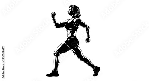 A female athlete is captured in a dynamic running motion, showcasing her strength and agility.