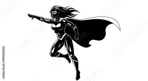 A female superhero in mid-air, firing a gun with her cape flowing.