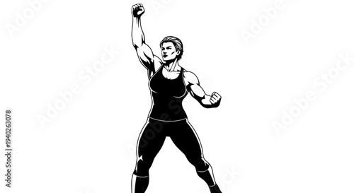 Woman in athletic wear celebrating with her arm raised high in a powerful pose