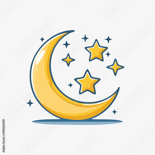 A crescent moon shines brightly with surrounding stars 