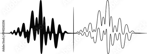 Abstract audio waveform signal visualization showing sound frequency waves for music recording broadcasting and digital audio technology isolated minimal black vector illustration