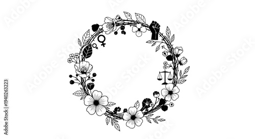 A beautiful black and white floral wreath with initials on a plain background.
