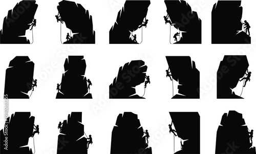 Rock climbing silhouette collection with climbers on cliff walls, extreme mountaineering sport vector icons for adventure, trekking and outdoor exploration