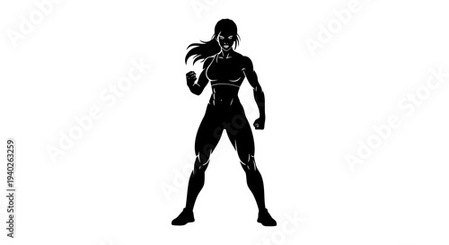 A silhouette of a woman in a dynamic pose, showcasing her athletic build and confident stance.