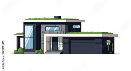 Modern Eco-Friendly House with Green Roof and EV Charger.