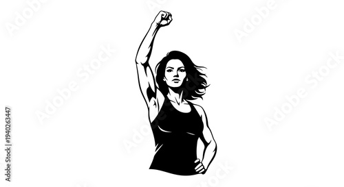 A confident woman with her fist raised in empowerment and solidarity.