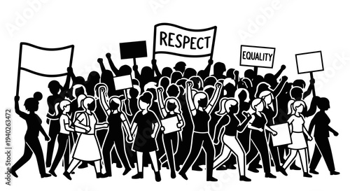 A crowd of people protesting with signs that read respect and equality.