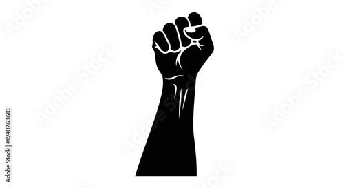 Raised fist symbolizing solidarity and resistance in black and white graphic