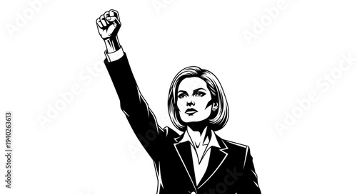 A determined woman in a suit with her fist raised in solidarity and protest.