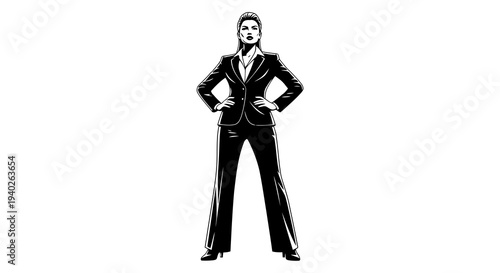 Woman in a sleek black suit standing confidently with hands on hips.