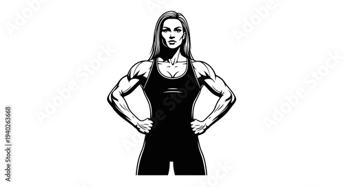 A confident woman with muscular physique standing with hands on hips