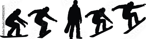 Snowboarder silhouette action sequence set, winter extreme sport athlete jumping tricks collection, black snowboard vector icons for sport design