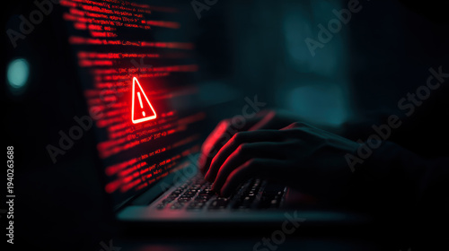 Cybersecurity warning shows hands typing on a keyboard in a dark room with red warning sign on screen indicating a potential threat
