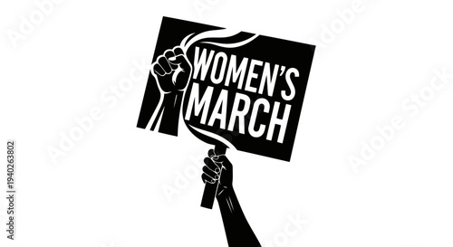 A hand holding a sign that reads women_s march with a raised fist.