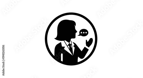 A professional woman speaking into a bubble within a circular frame.