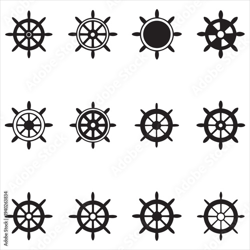 Ship steering wheel icon set nautical maritime helm collection