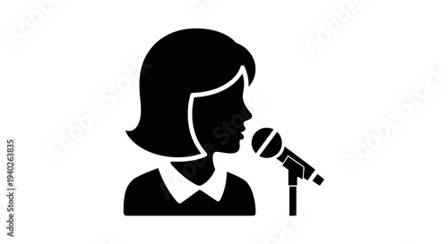 A simple black silhouette of a woman speaking into a microphone.