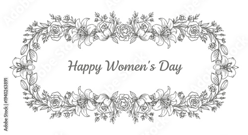 A beautiful floral wreath surrounding the text happy women_s day in elegant black script.
