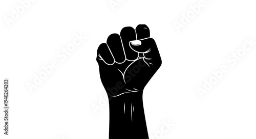 A raised black fist symbolizing solidarity and protest.