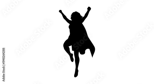 A woman in a dress jumping with her arms raised in joy