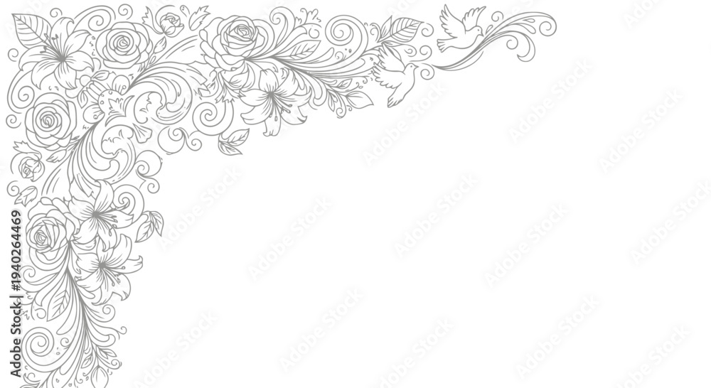 Obraz premium A beautiful black and white floral corner design on a white background.