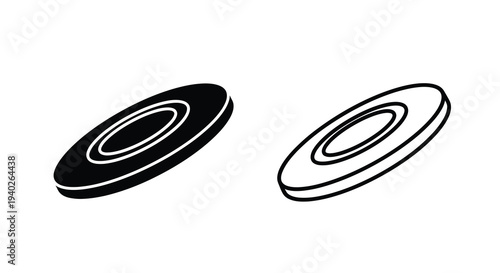 Two flying discs displayed in a stark black and white silhouette