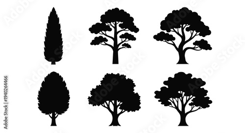 Collection of various tree shapes presented as a dark silhouette