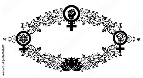 Feminine symbols intertwined with floral elements in black and white illustration