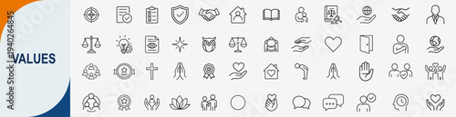 Business values and corporate ethics icons set, outline symbols for integrity trust teamwork mission and professional culture vector illustration