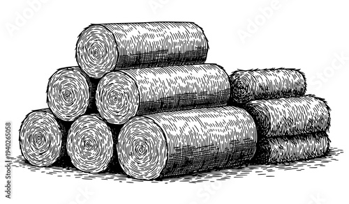 Stack of hay and round hay bale vintage engraving sketch vector illustration