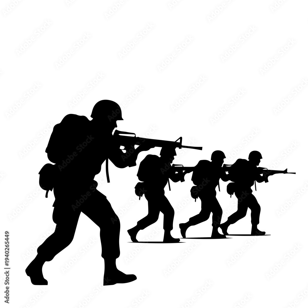Obraz premium Silhouette March: A determined team of soldiers advances in unison, weapons raised, showcasing their unwavering resolve and the intensity of their mission.