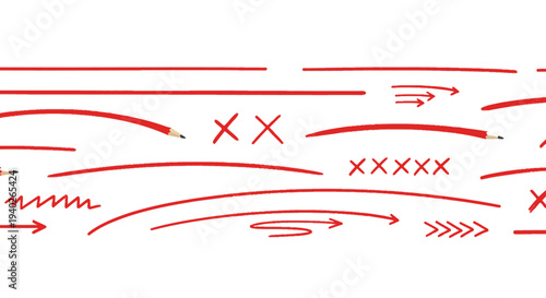 red editing marks with pencils including underlines arrows and x symbols for proofreading and revision concepts.