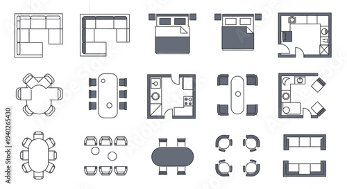 a collection of architectural plan symbols and furniture layout icons for interior design and home staging projects