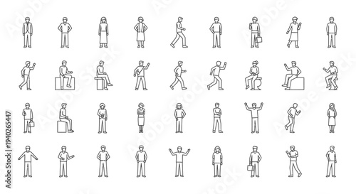 a collection of diverse people line icons in various poses illustrating human activity communication and social interaction.