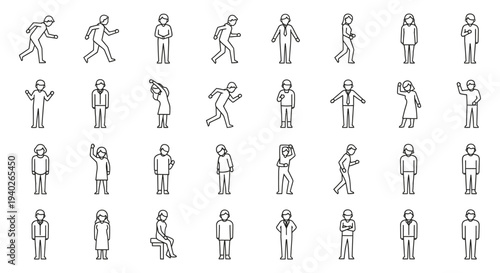 a collection of line art human icons illustrating various poses actions and emotions perfect for ui design infographics and conceptual presentations.