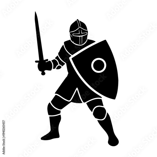 The Valiant Knight: A silhouette of a knight, armored and ready for battle, clutching a sword and shield, embodies courage and readiness.